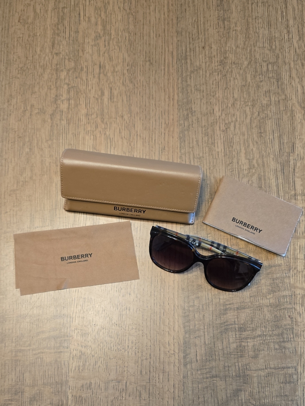 Burberry Brown Sunglasses with Tan Case and Plaid Temples
